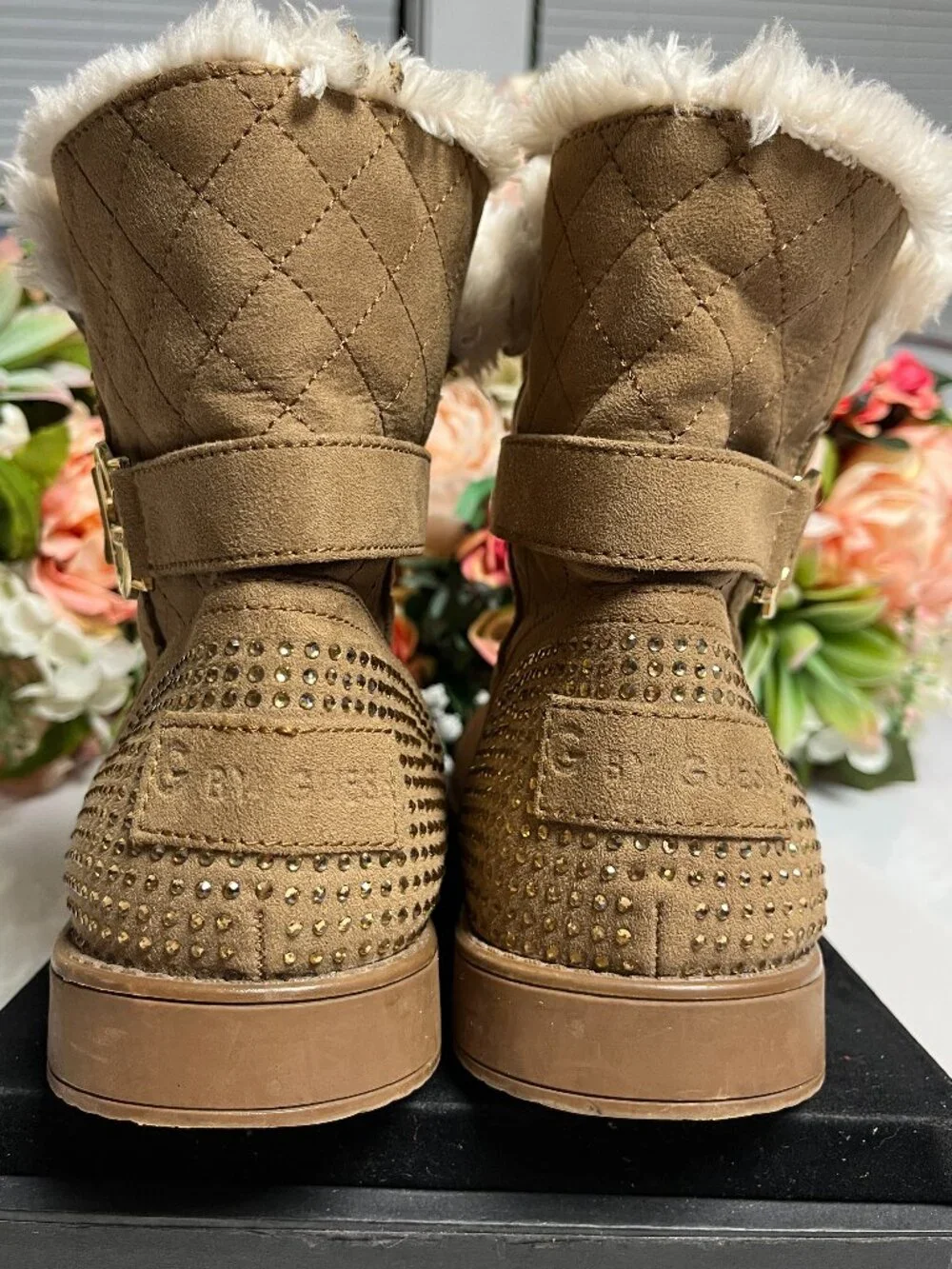 G by Guess Tan Faux Fur Quilted Boots Rhinestone Buckle Size M8